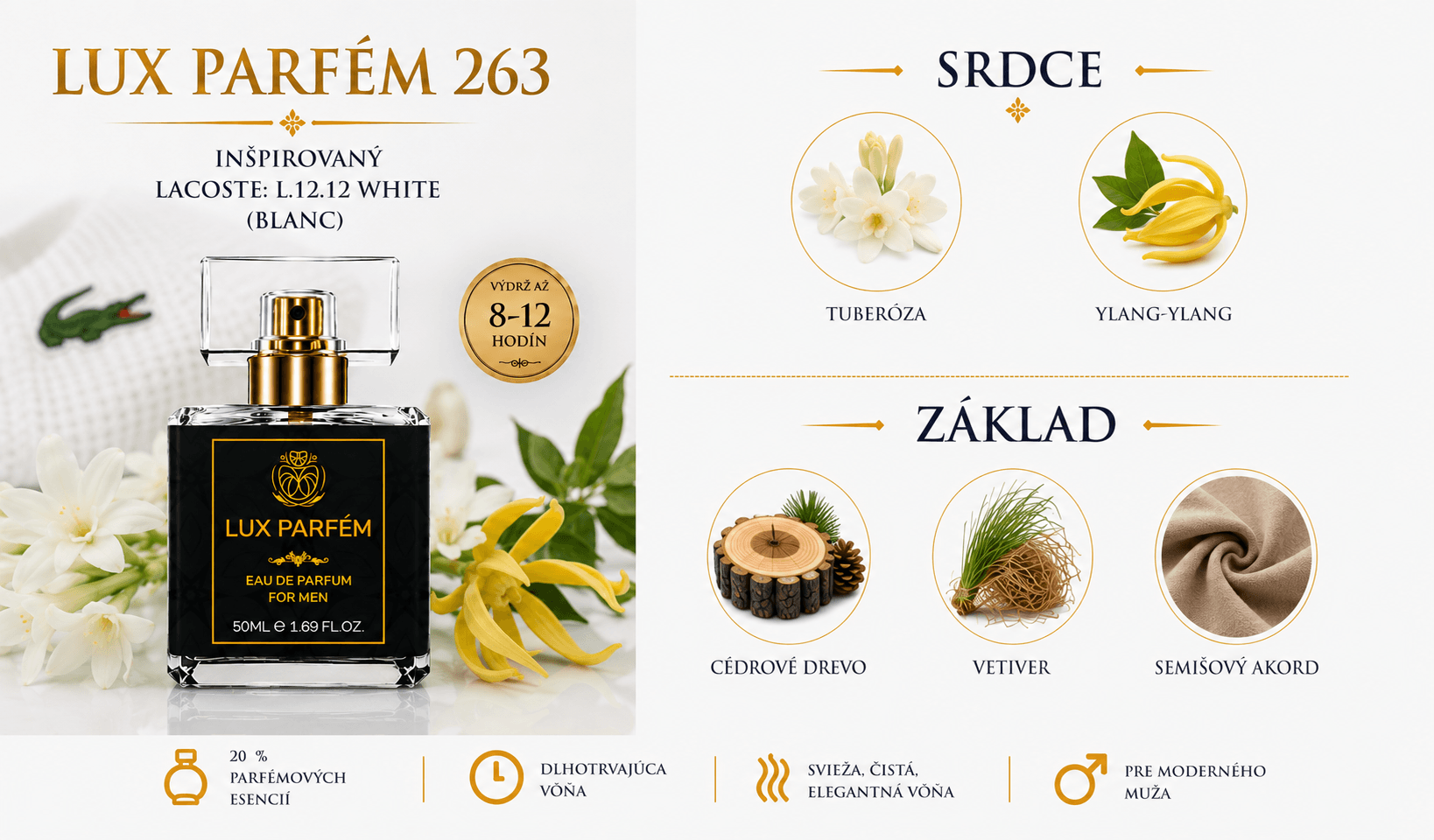 Lux Parfém 263 – Inšpirovaný Lacoste: L.12.12 White (Blanc)